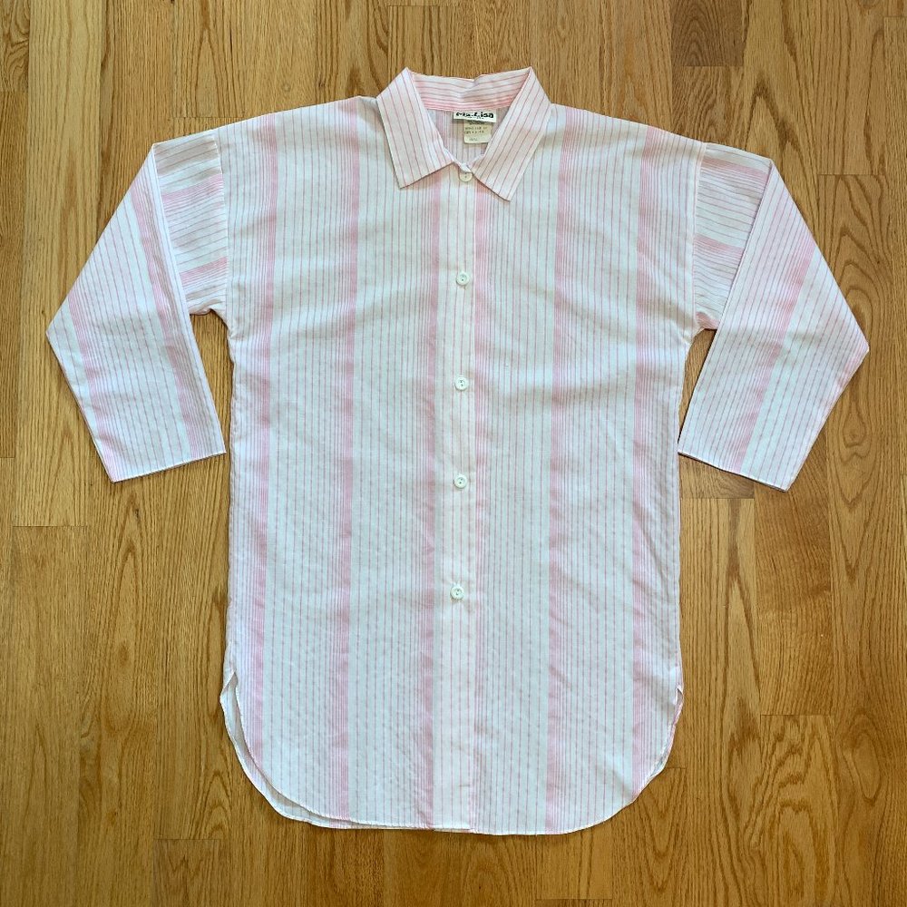 80s vintage pink & white stripe button down blouse tunic shirt dress pajamas - Picture 1 of 8